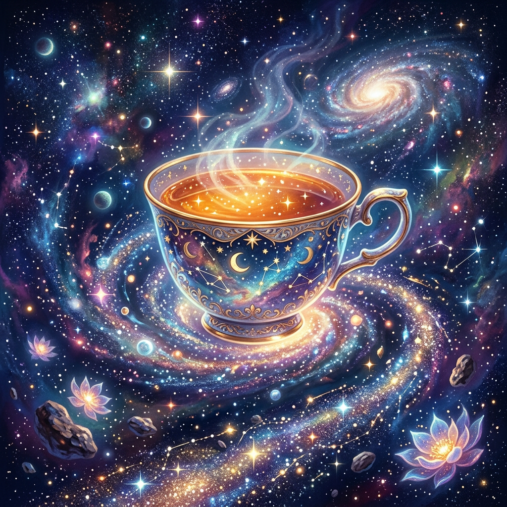 Teacup with stars, moons, and constellations, surrounded by colorful galaxies and stars.