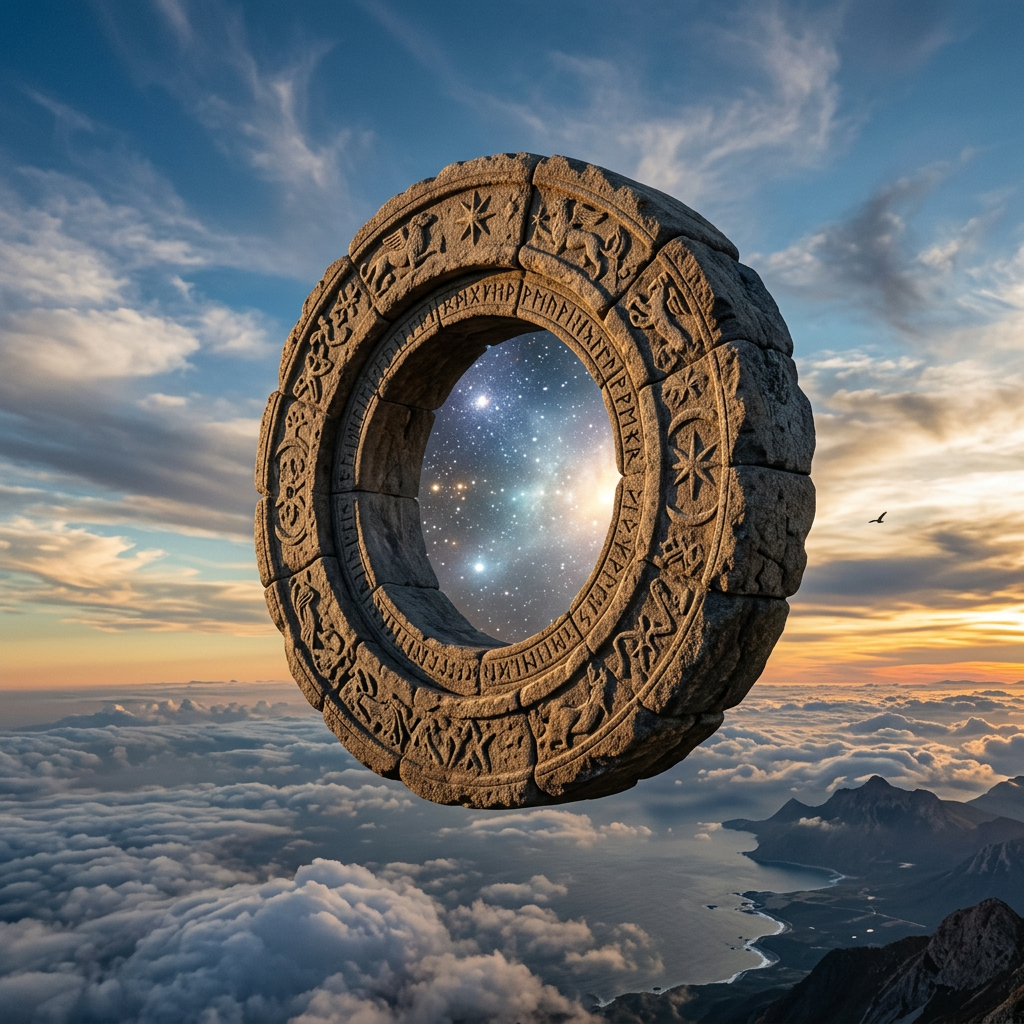 Ancient carved stone ring with symbols showing a starry cosmos through its center, floating above clouds and mountains at sunset