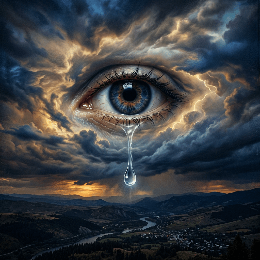Giant blue eye in swirling storm clouds with a large tear drop falling