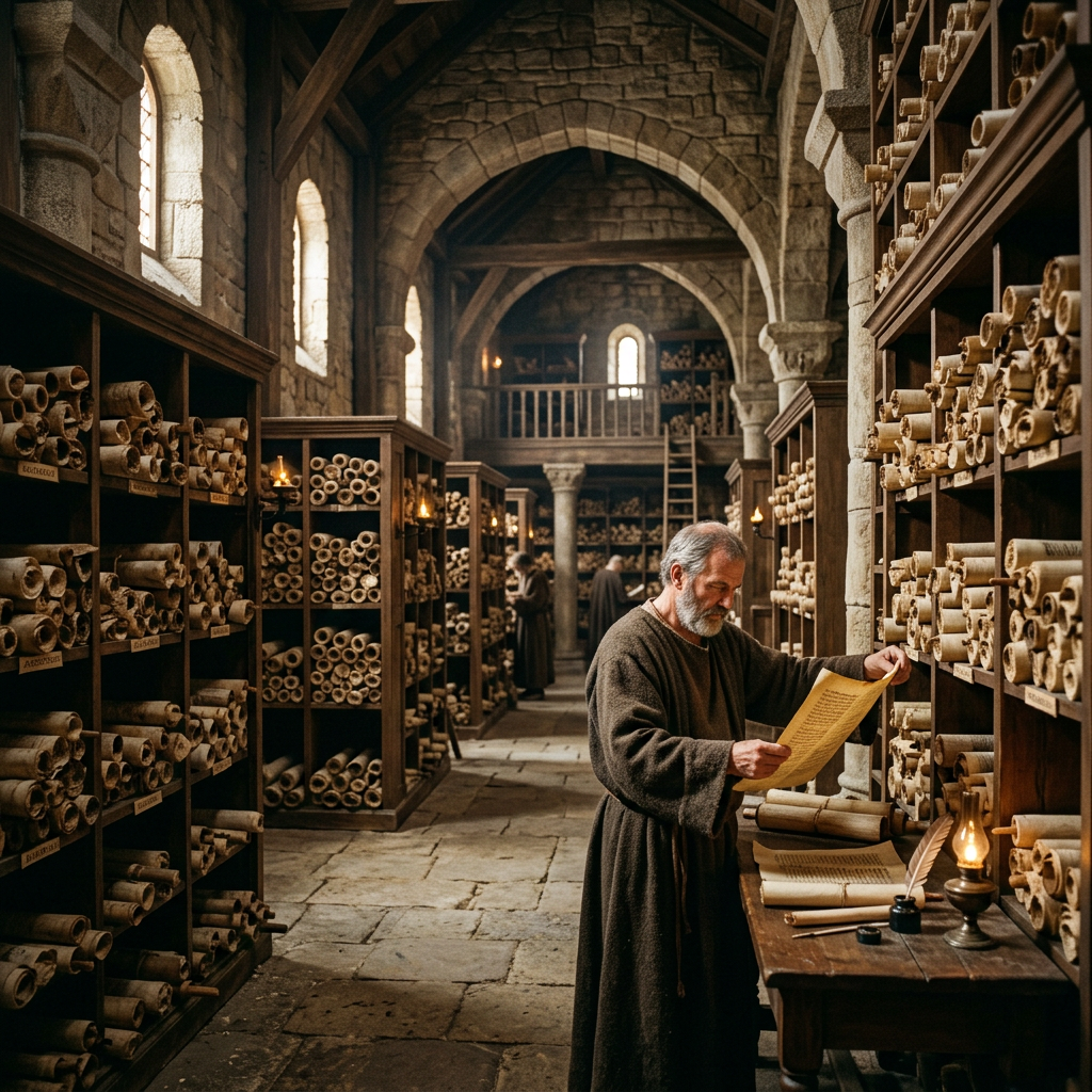 Monk reading a scroll in a medieval library with shelves of ancient scrolls