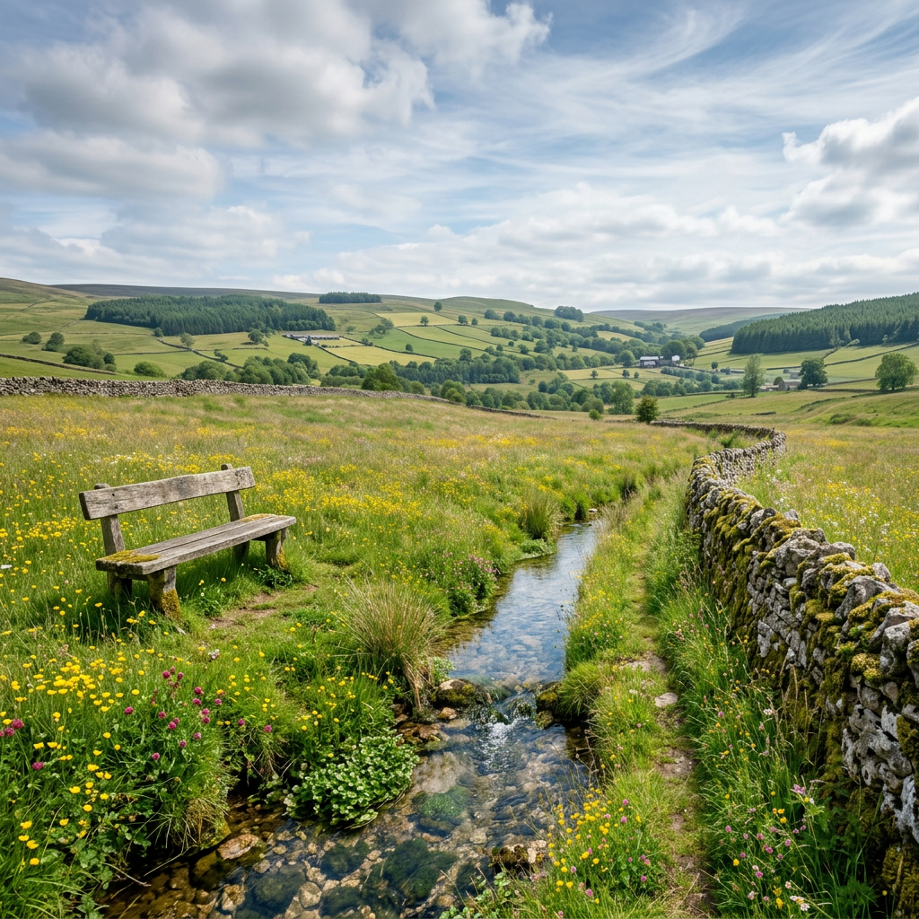 Stone wall beside a small stream with wildflowers in a green rural landscape