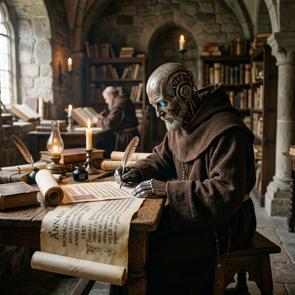 Robot monk in brown robe writing scroll with quill in medieval library