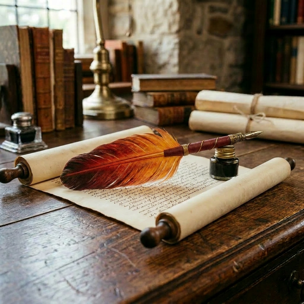 Ornate feather quill pen on open book with ink bottle, vintage books and scrolls on wooden desk