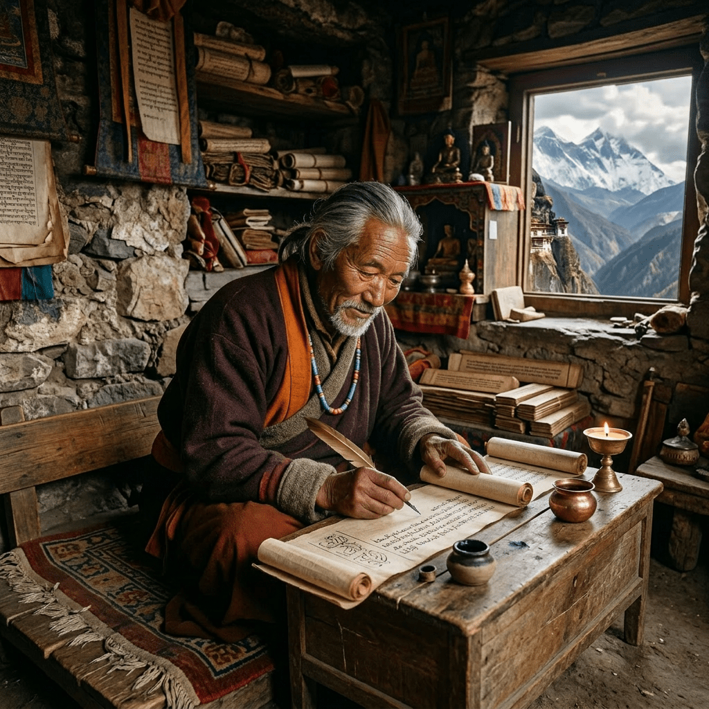 Tibetan monk writing on ancient manuscript scroll in stone monastery with mountains visible