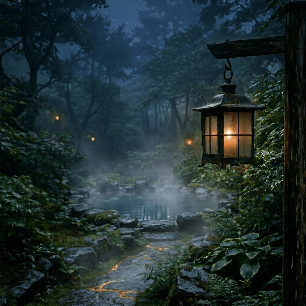 Stone path in misty Japanese garden with lit hanging lantern and circular stone sculpture