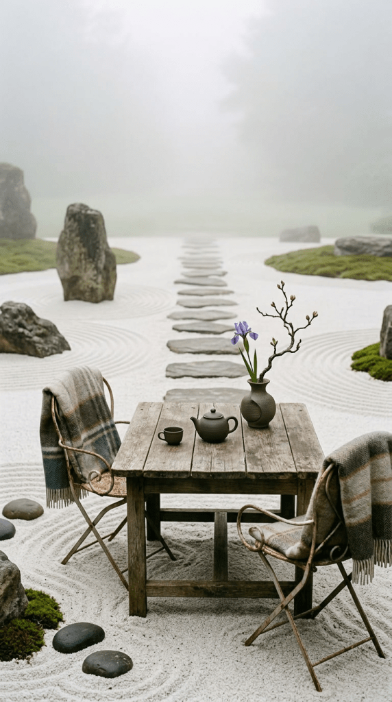 Two people sitting at a small round table having tea and pastries in a garden