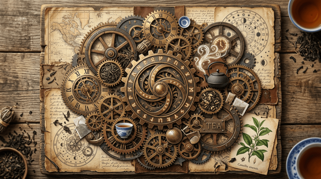Steampunk gears and clock parts with tea leaves, teapot, cups, and vintage botanical illustrations