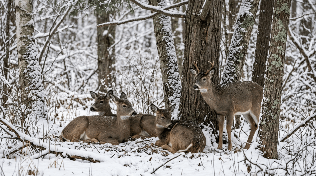 Four deer resting and standing among snow-covered trees in a winter forest