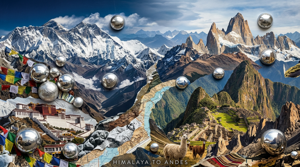 Collage showing Himalaya mountains with prayer flags and Potala Palace alongside Andes mountains with Machu Picchu and llamas