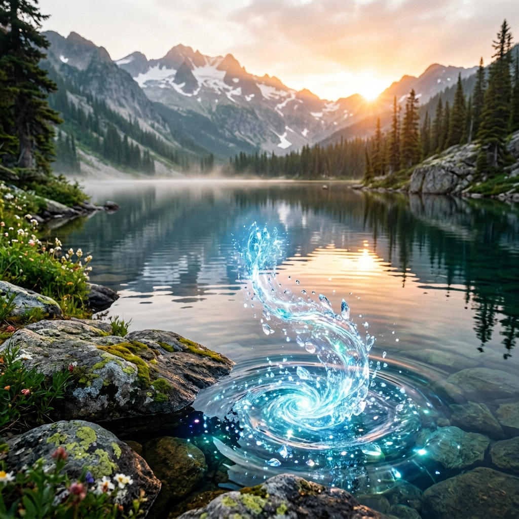 Woman sitting on a rock by a mountain lake creating a swirling magical water vortex with her hands