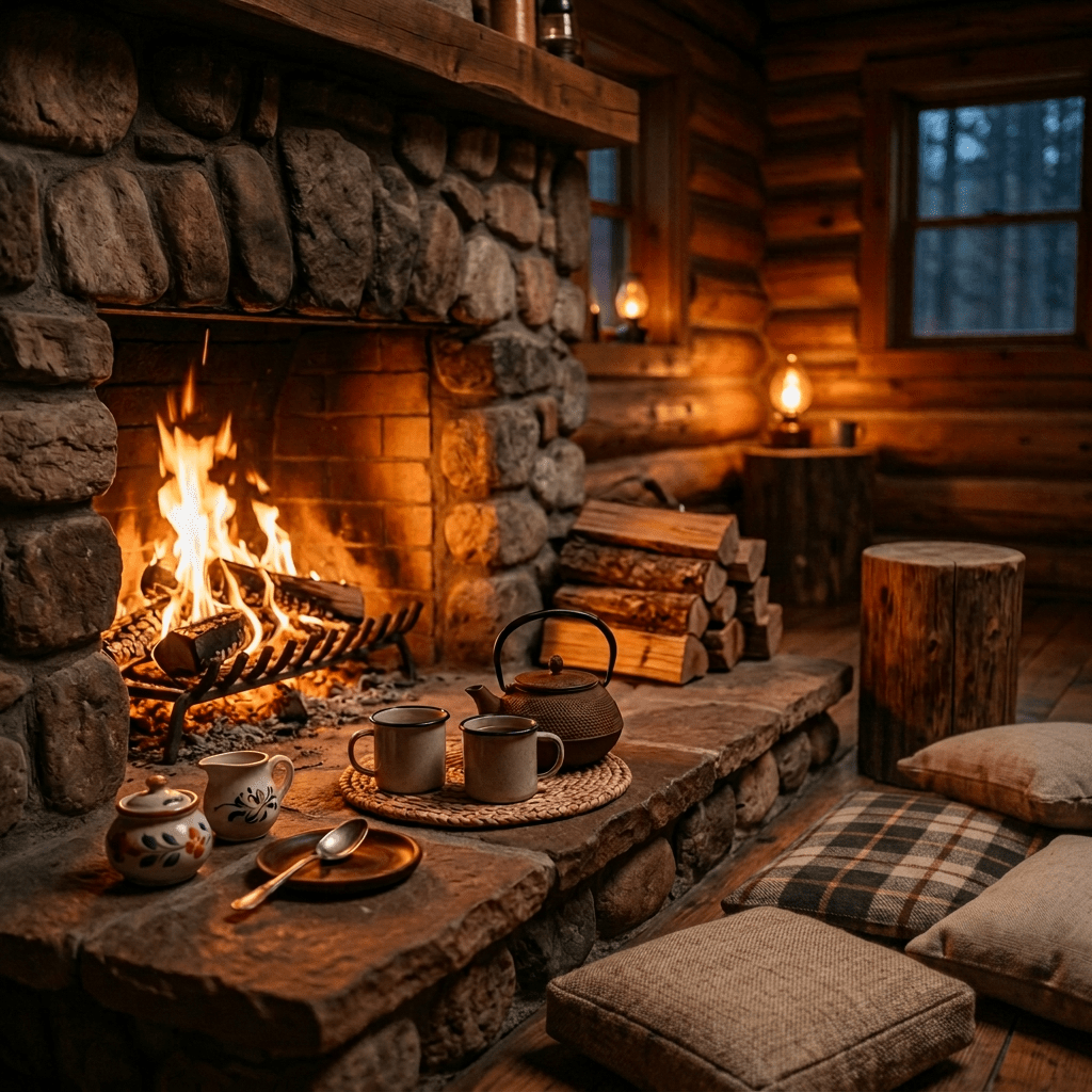 Woman sitting by a campfire holding a cup in a forest setting