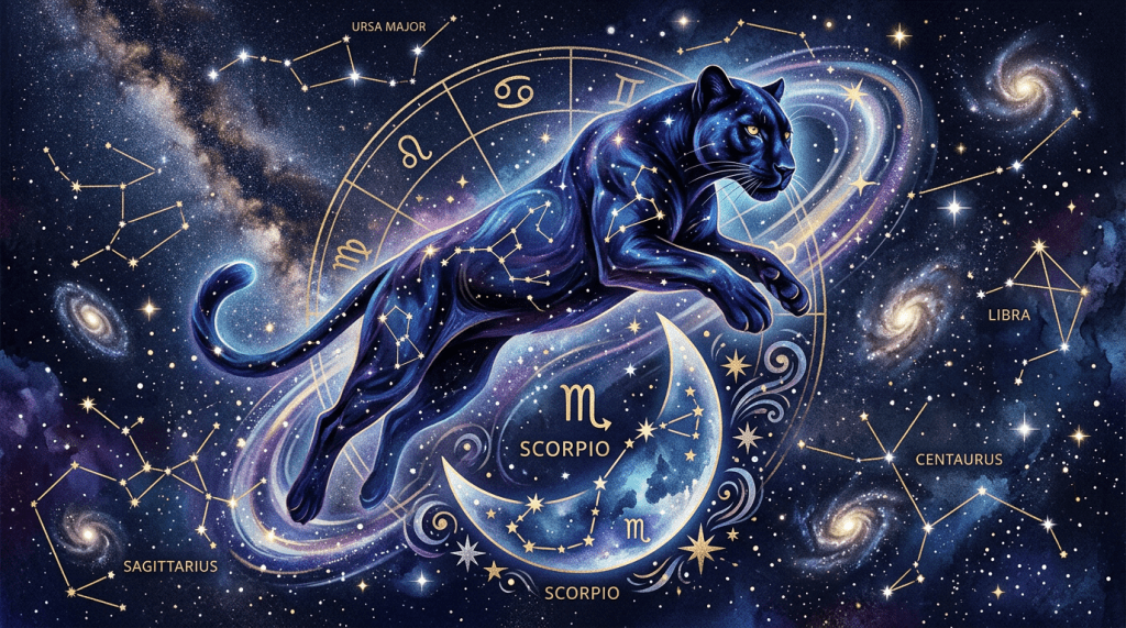 Celestial black panther, constellations, Scorpio crescent collage