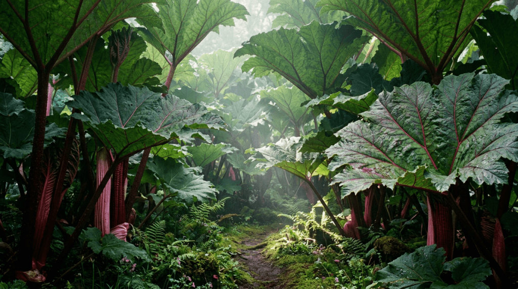 Forest path surrounded by tall plants with large green leaves and reddish stems